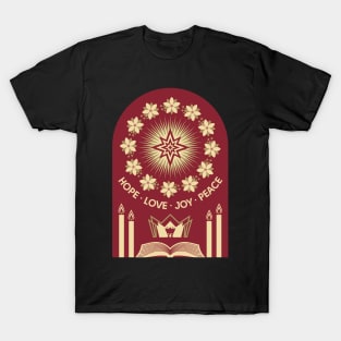 Four Advent candles lit in anticipation of the birth of Jesus Christ T-Shirt